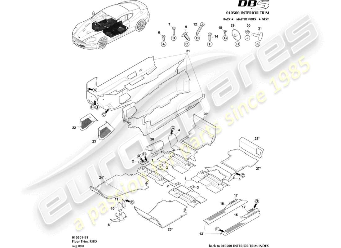 aston martin dbs (2012) rivestimento del pianale, guida a destra diagramma delle parti