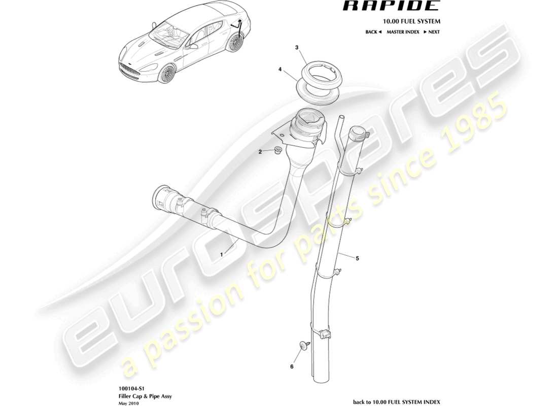 aston martin rapide (2010) schema delle parti del gruppo bocchettone di rifornimento carburante