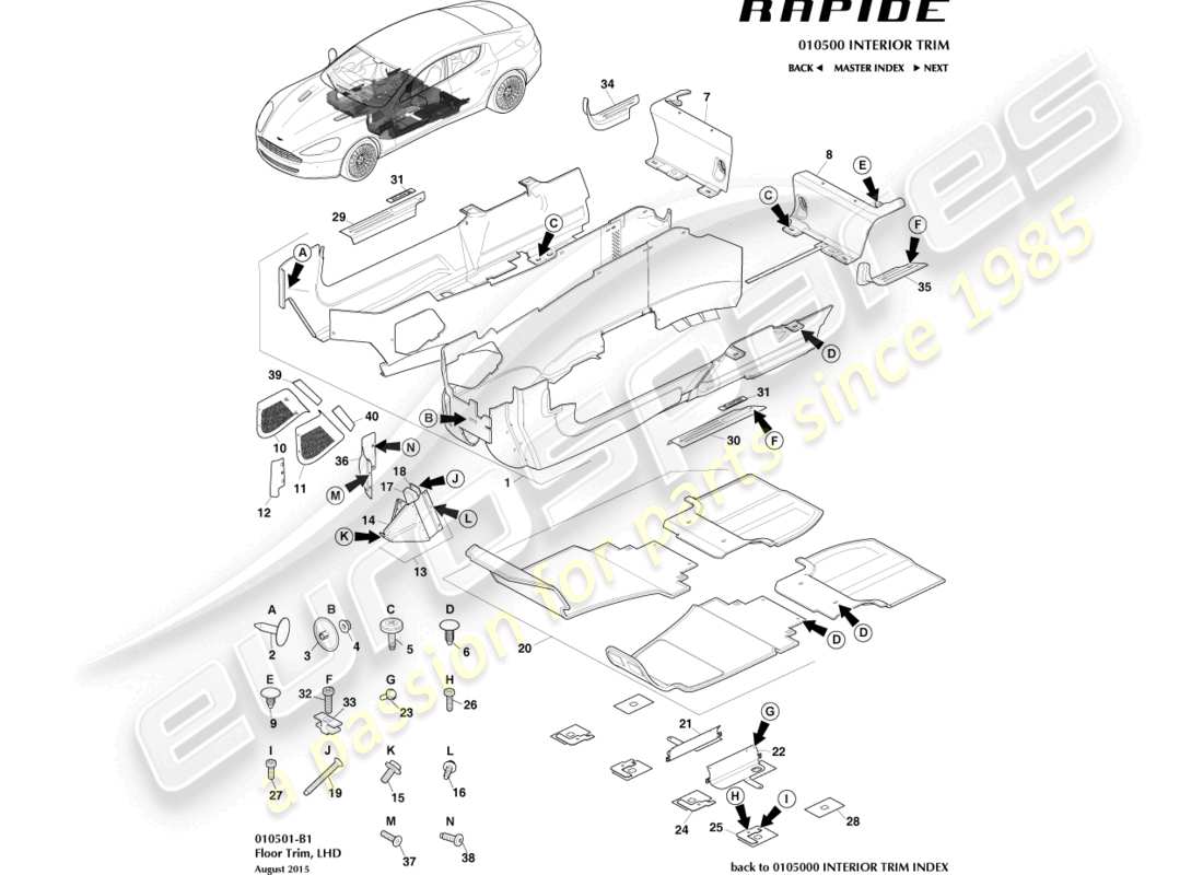 aston martin rapide (2017) rivestimento del pavimento principale, diagramma delle parti con guida a sinistra