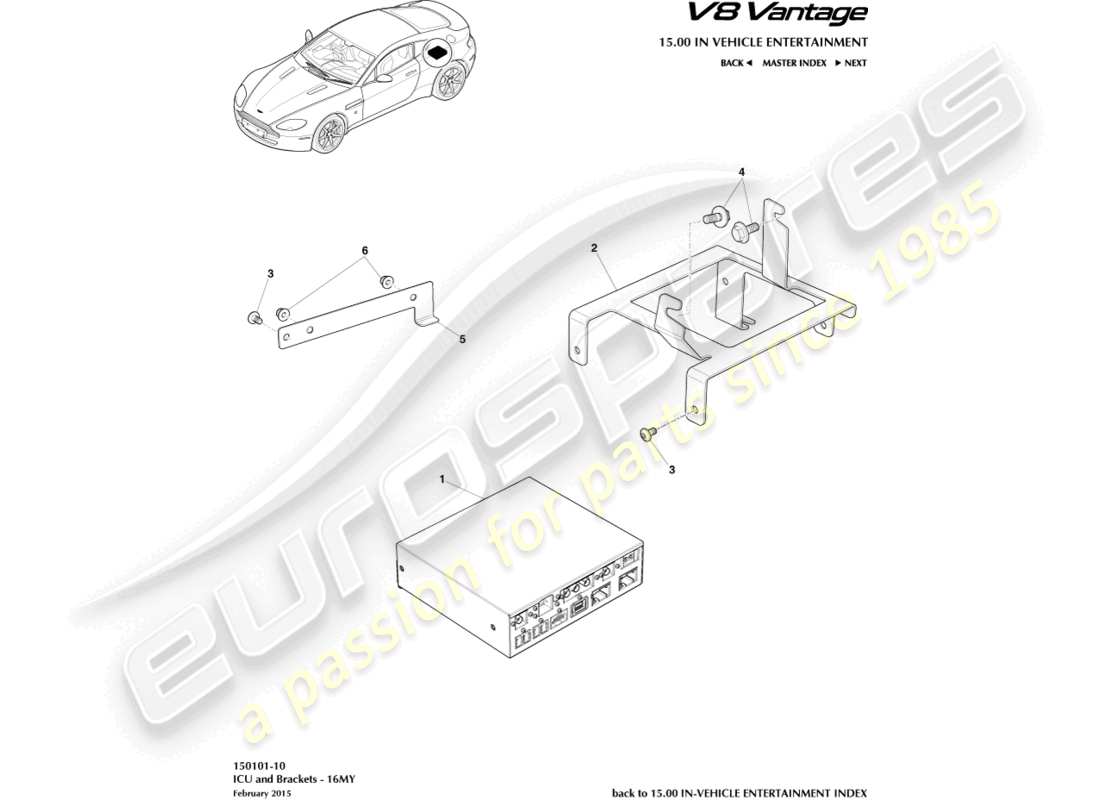 aston martin v8 vantage (2018) icu e staffa, diagramma delle parti 16my