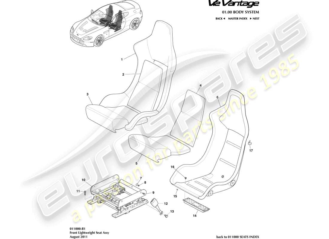 aston martin v12 vantage (2013) diagramma delle parti del sedile anteriore leggero