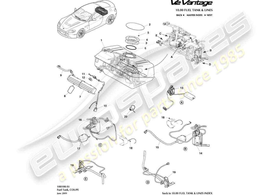 aston martin v12 vantage (2013) gruppo serbatoio carburante, diagramma delle parti coupé