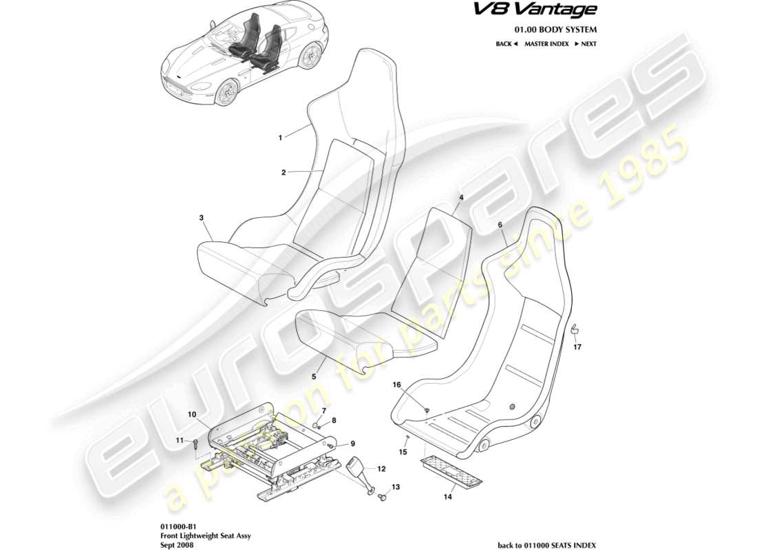 aston martin v8 vantage (2006) diagramma delle parti del sedile anteriore leggero