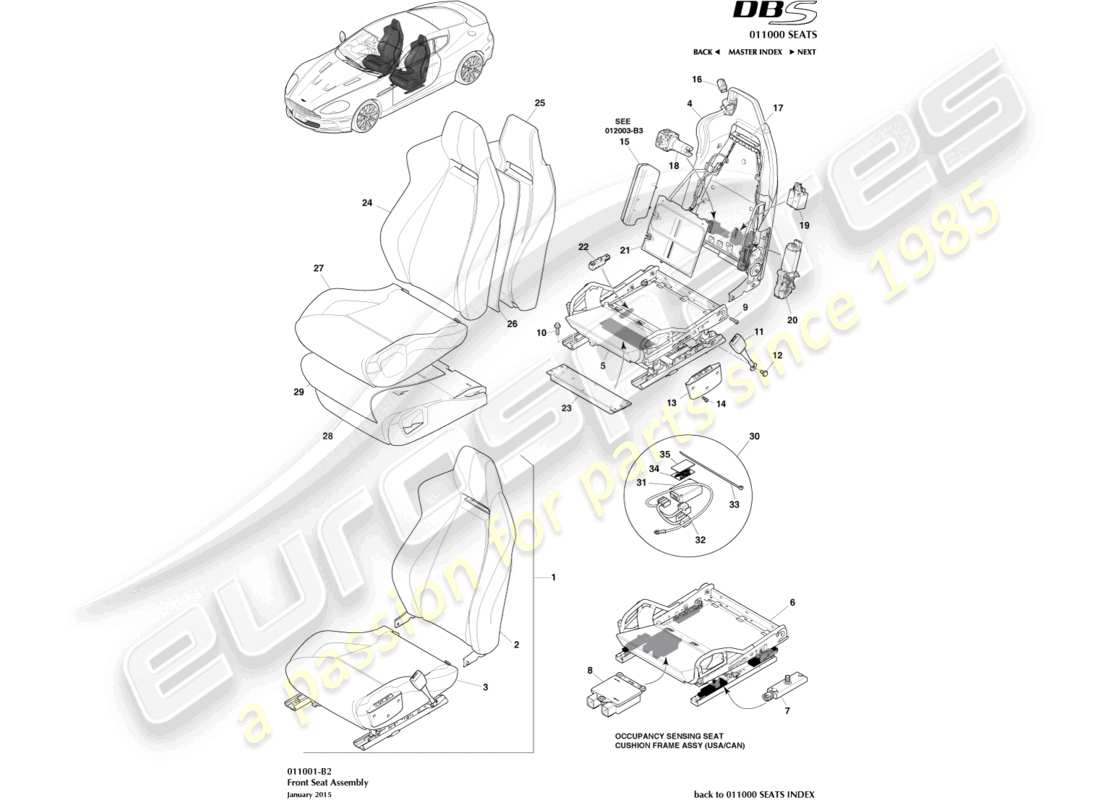 aston martin dbs (2011) sedile anteriore diagramma delle parti