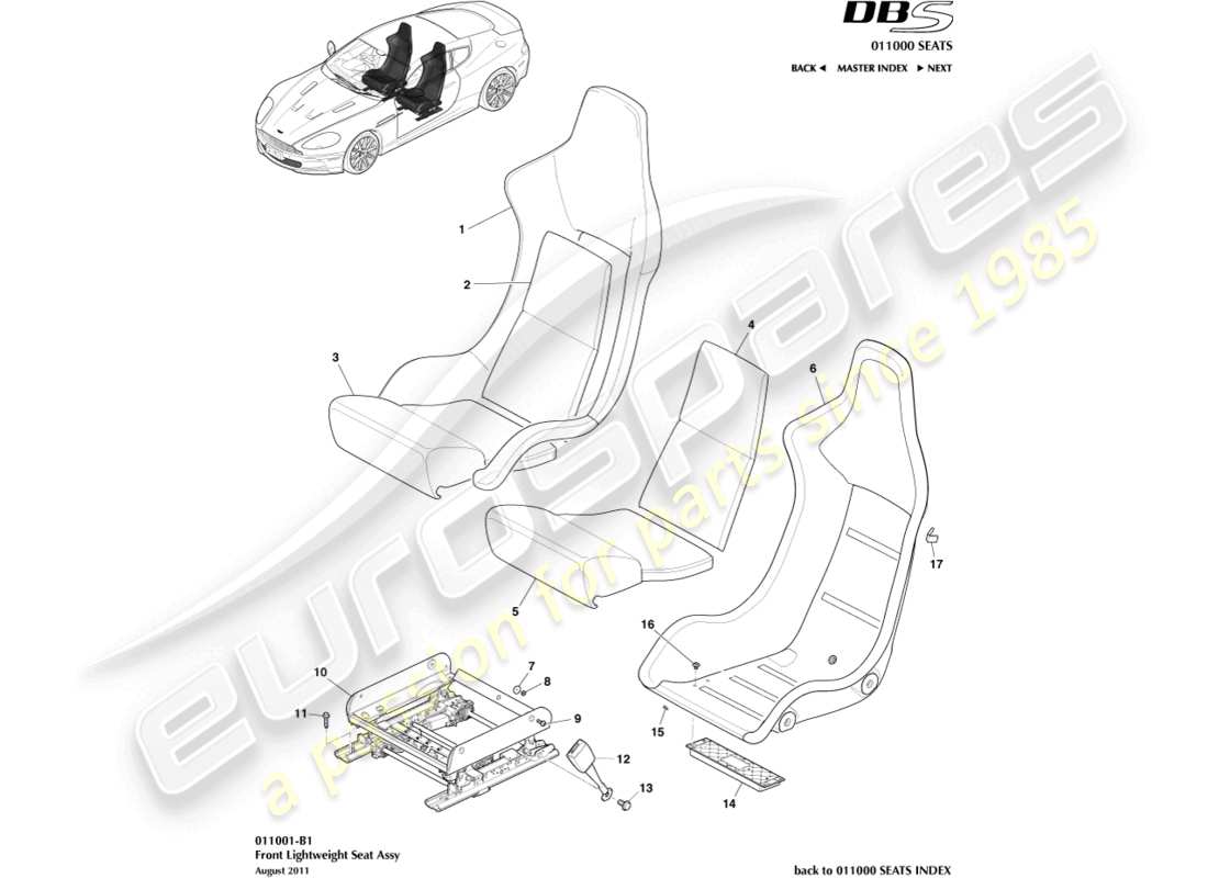 aston martin dbs (2013) sedile anteriore leggero diagramma delle parti