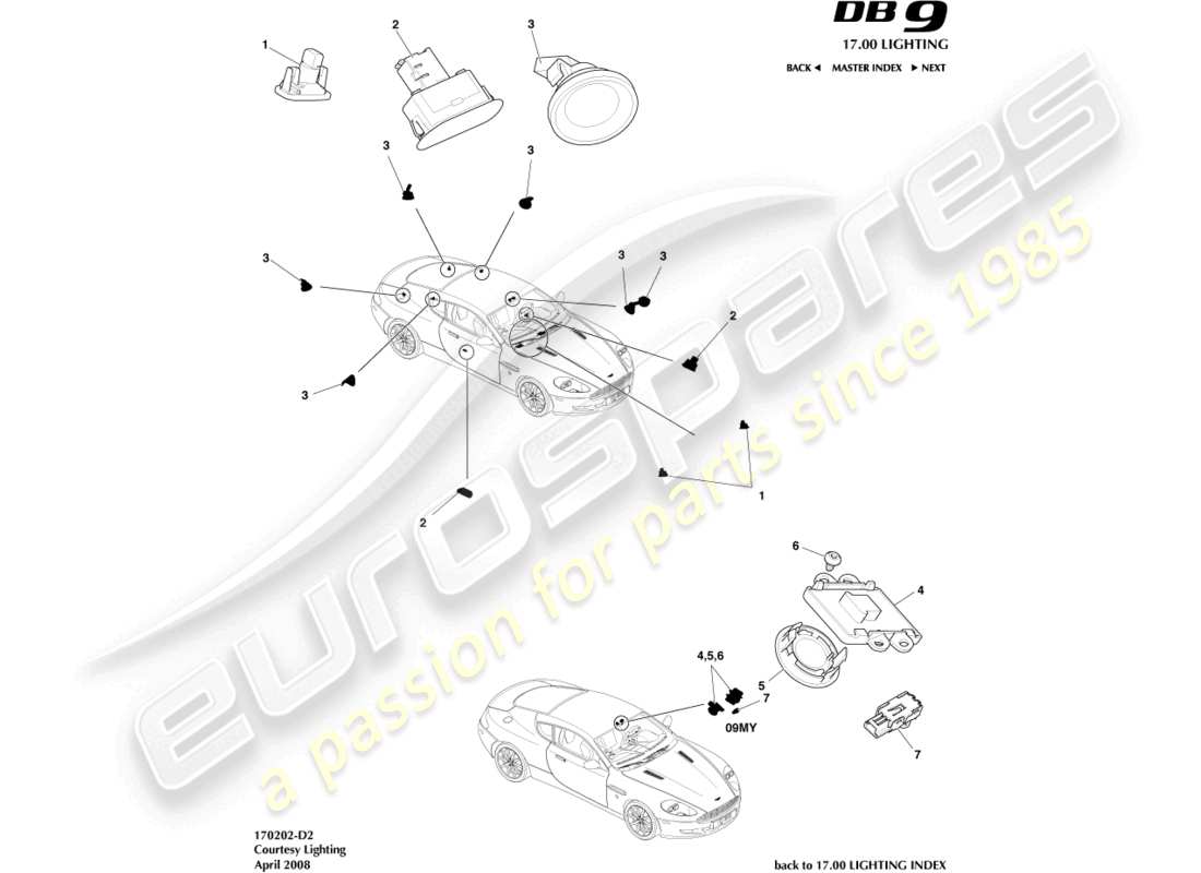 aston martin db9 (2005) diagramma delle parti dell'illuminazione di cortesia