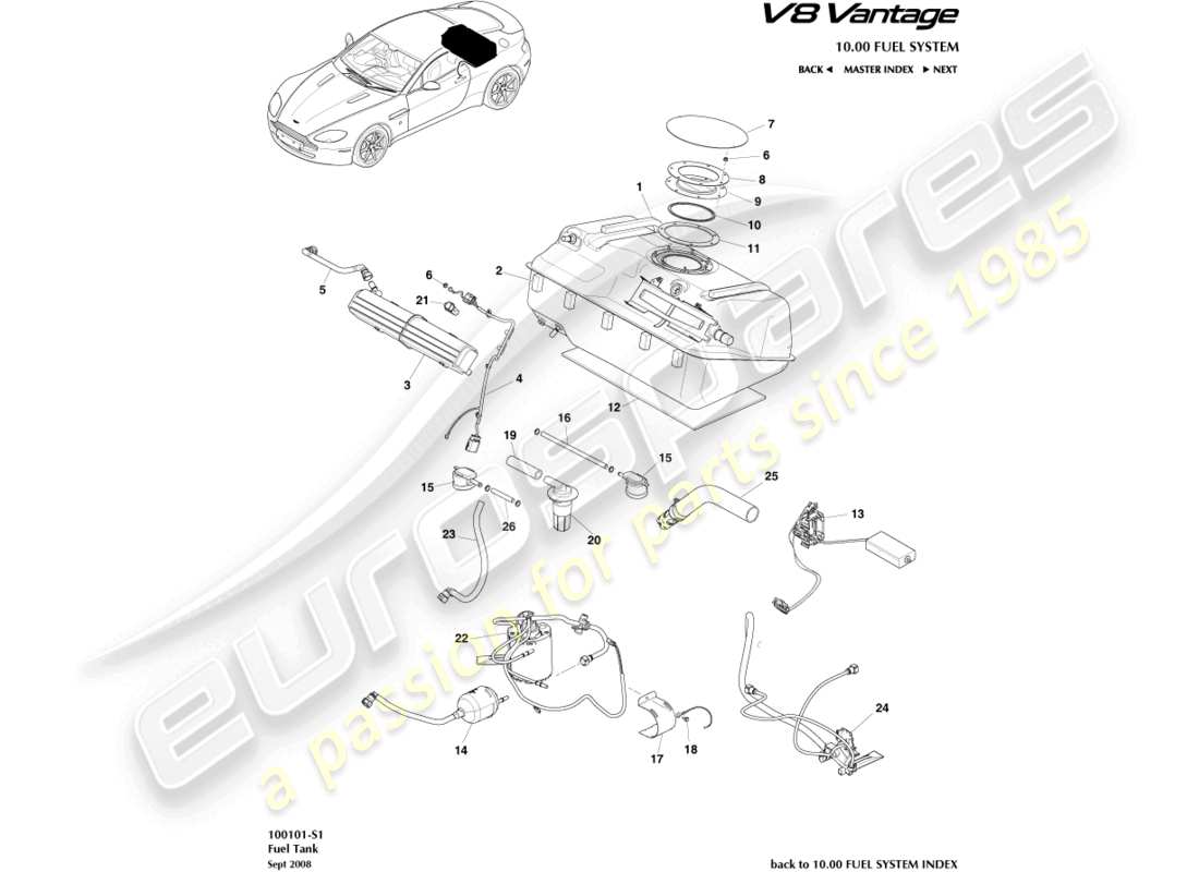 aston martin v8 vantage (2018) gruppo serbatoio carburante, diagramma delle parti 13my