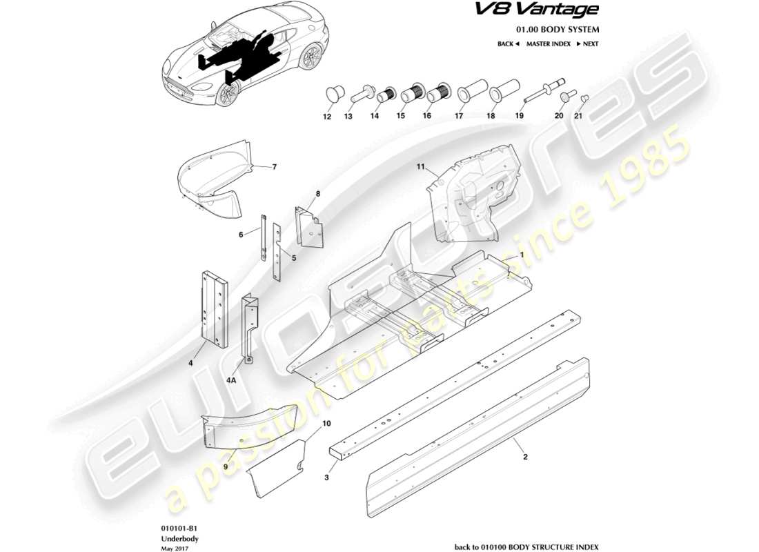 aston martin v8 vantage (2012) sottoscocca schema delle parti