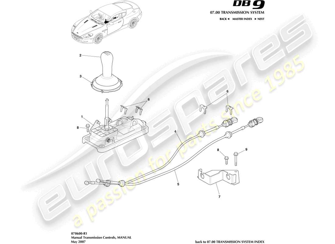 aston martin db9 (2004) schalthebelbaugruppe, manuell teilediagramm