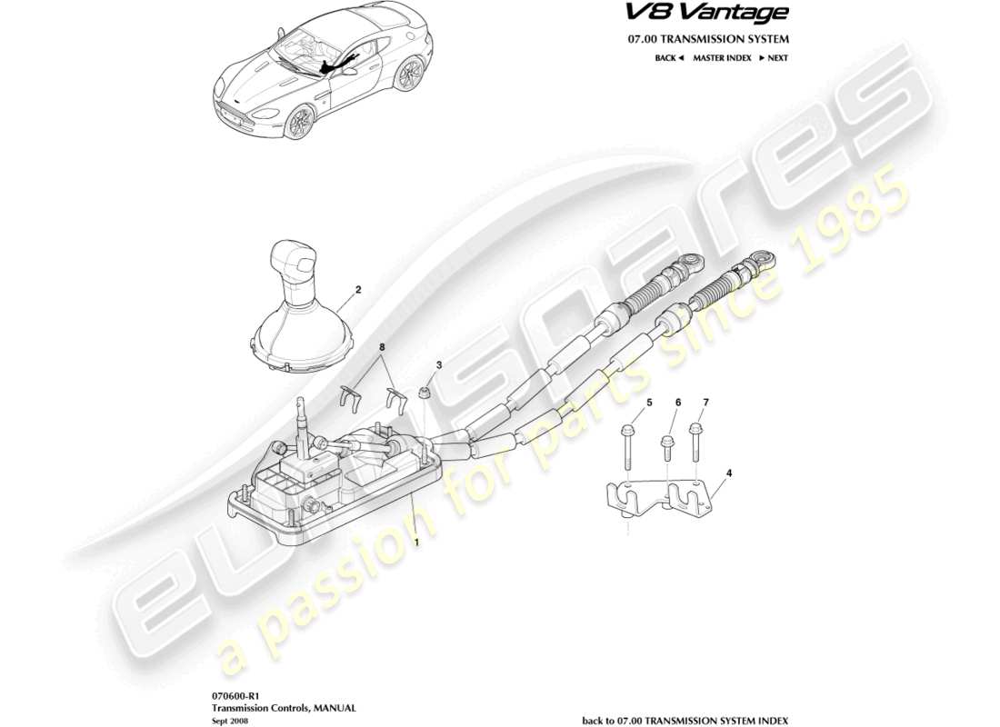 aston martin v8 vantage (2012) gruppo leva del cambio, diagramma delle parti del manuale