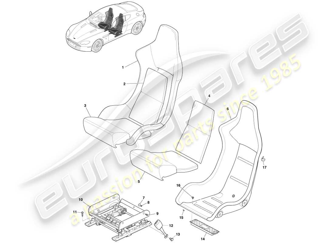 aston martin v8 vantage (2005) diagramma delle parti del sedile anteriore leggero