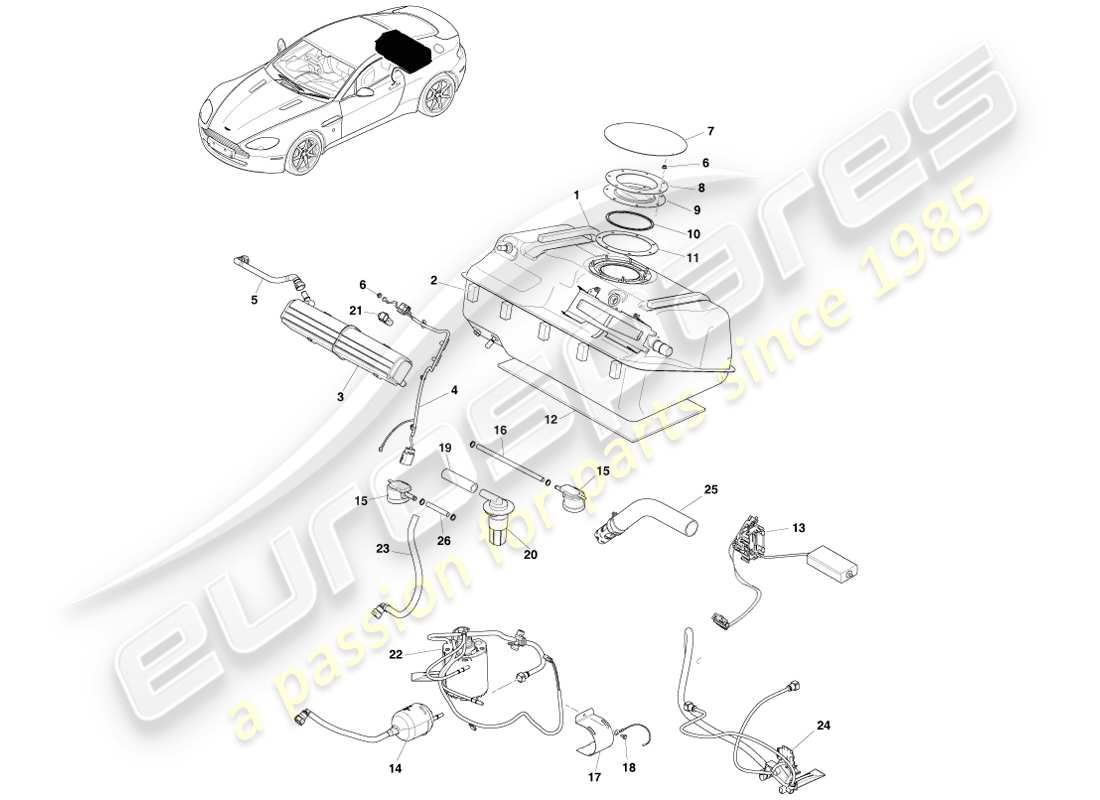 aston martin v8 vantage (2005) gruppo serbatoio carburante, diagramma delle parti 13my