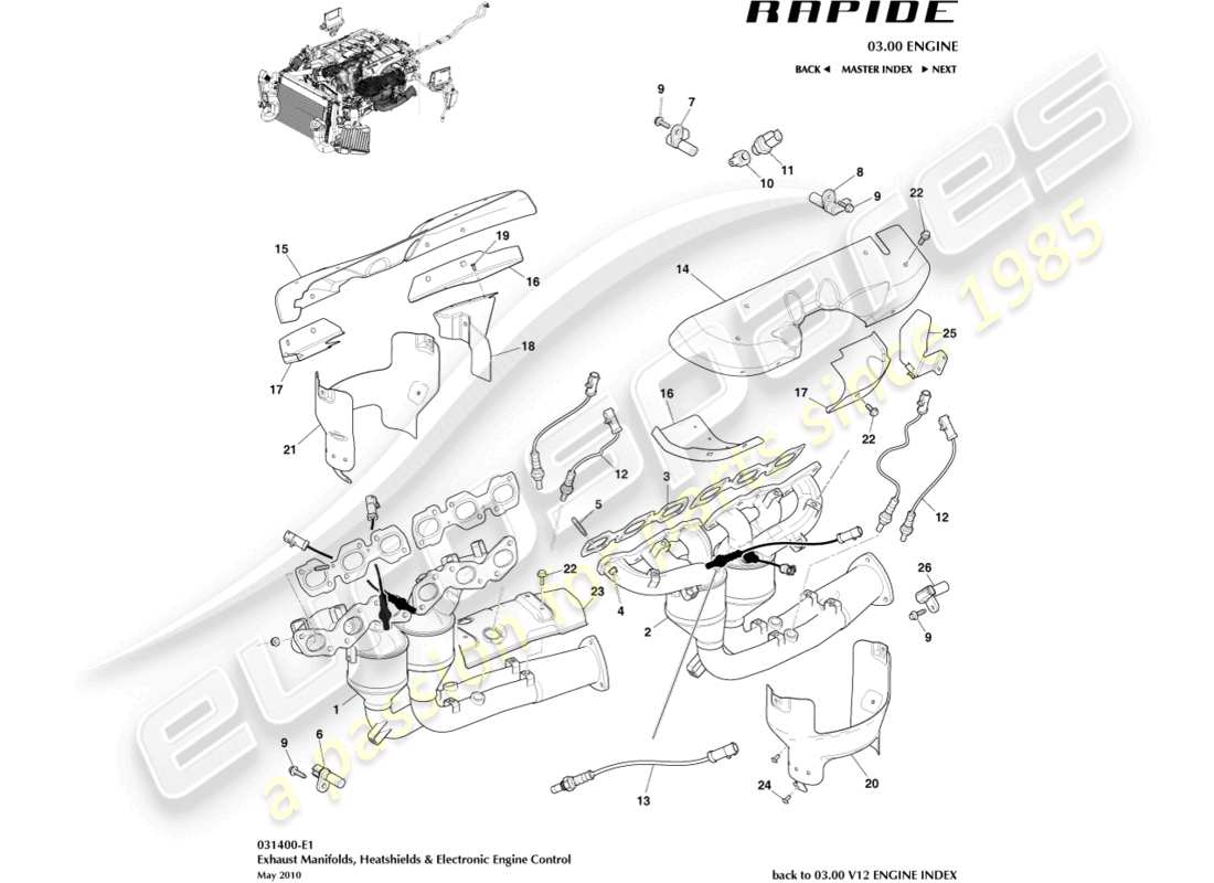 aston martin rapide (2014) abgaskrümmer teilediagramm