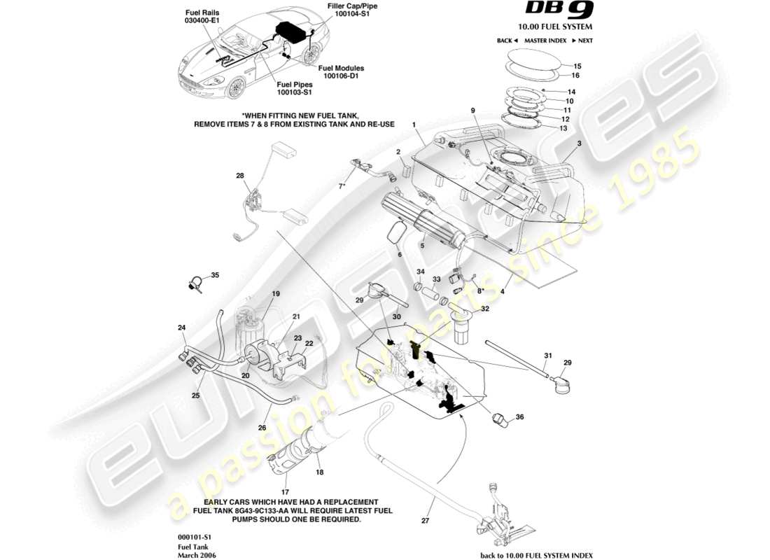 aston martin db9 (2005) diagramma delle parti del gruppo serbatoio carburante