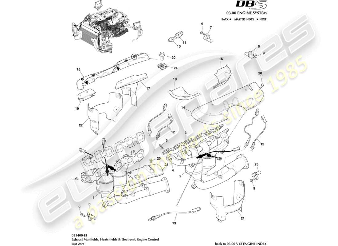 aston martin dbs (2009) collettori di scarico diagramma delle parti
