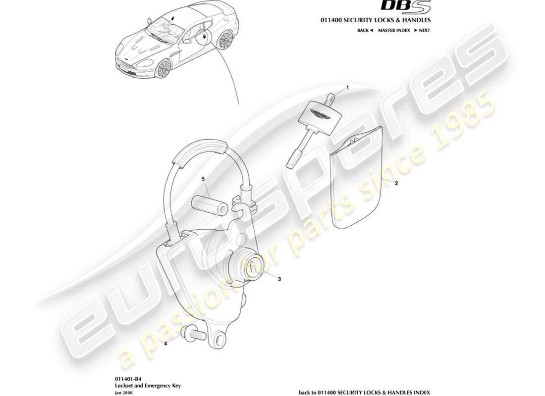 aston martin dbs (2012) set di serrature e chiavi diagramma delle parti
