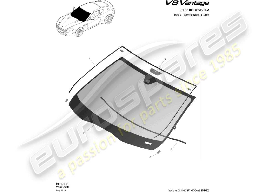 aston martin v8 vantage (2012) schema delle parti del parabrezza