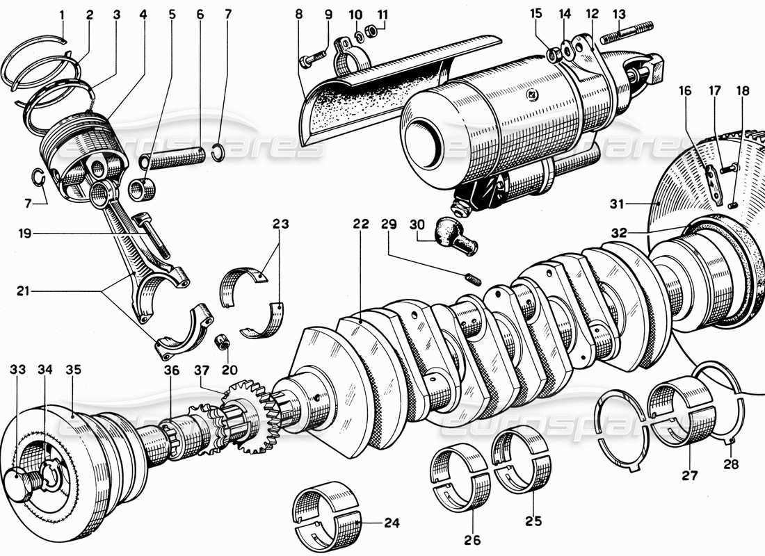 ferrari 365 gt 2+2 (mechanical) schema particolare albero motore, bielle e pistoni