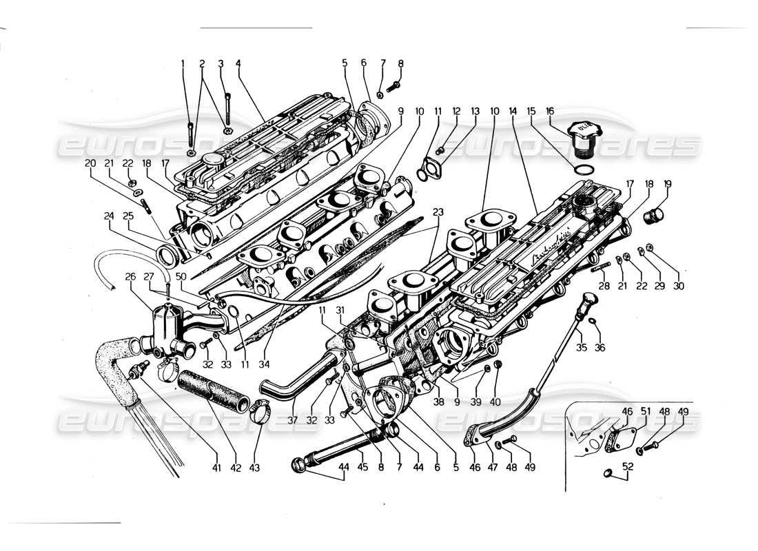 lamborghini urraco p250 / p250s diagramma delle parti delle teste dei cilindri