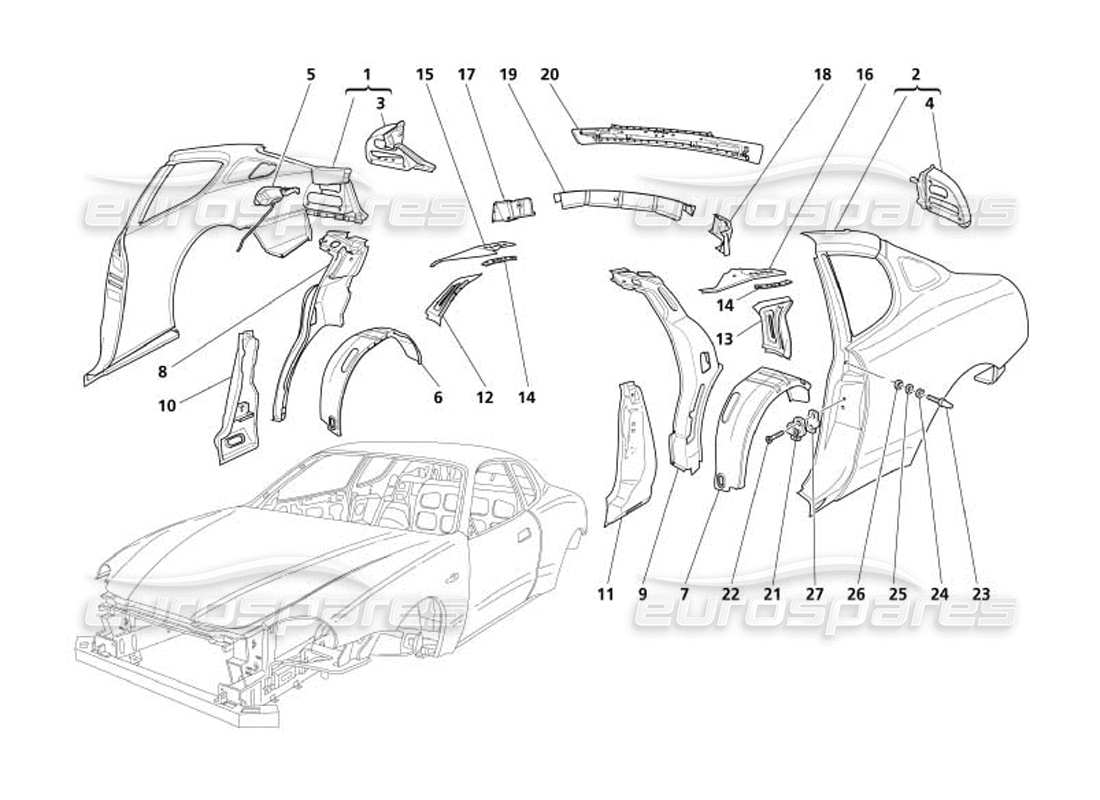 maserati 4200 coupe (2005) boby - schema delle parti dei rivestimenti esterni posteriori