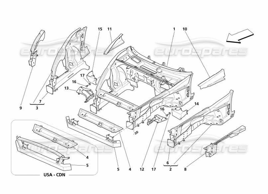maserati 4200 coupe (2005) diagramma delle parti della struttura anteriore