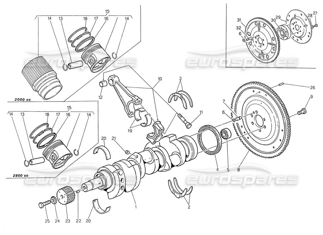 maserati biturbo spider schema delle parti albero motore - pistoni - bielle e volano