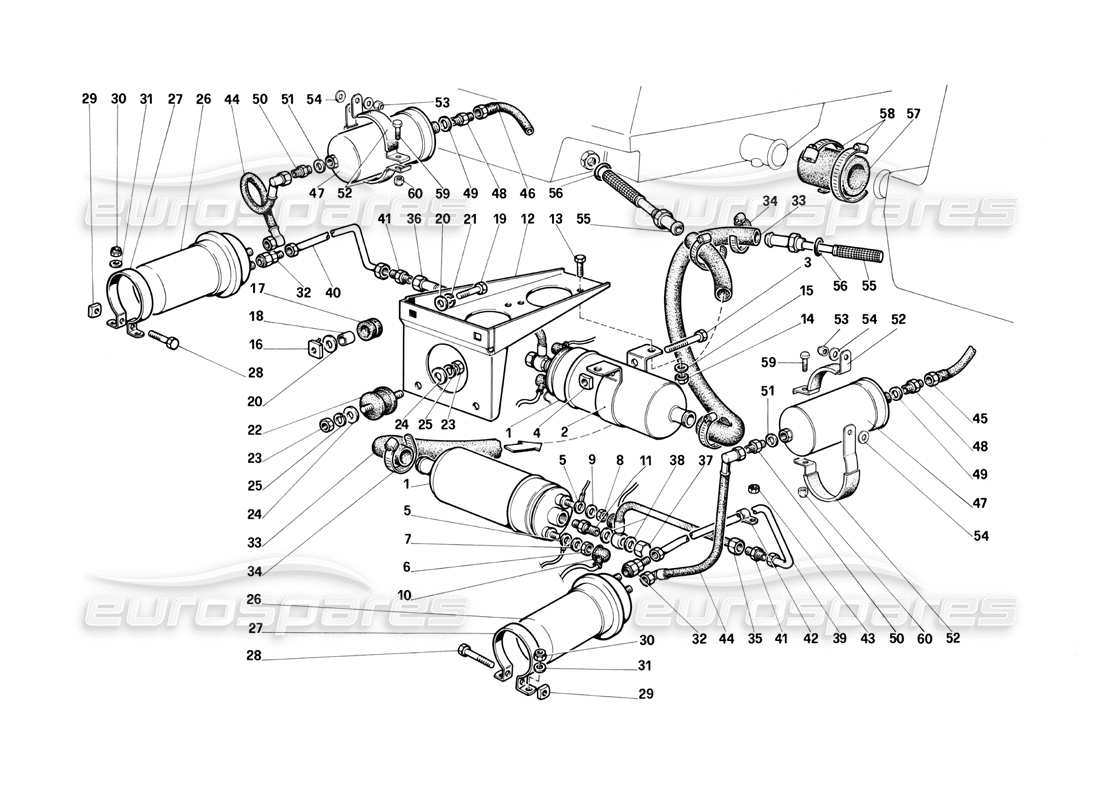 ferrari testarossa (1987) diagramma delle parti delle pompe e dei tubi del carburante