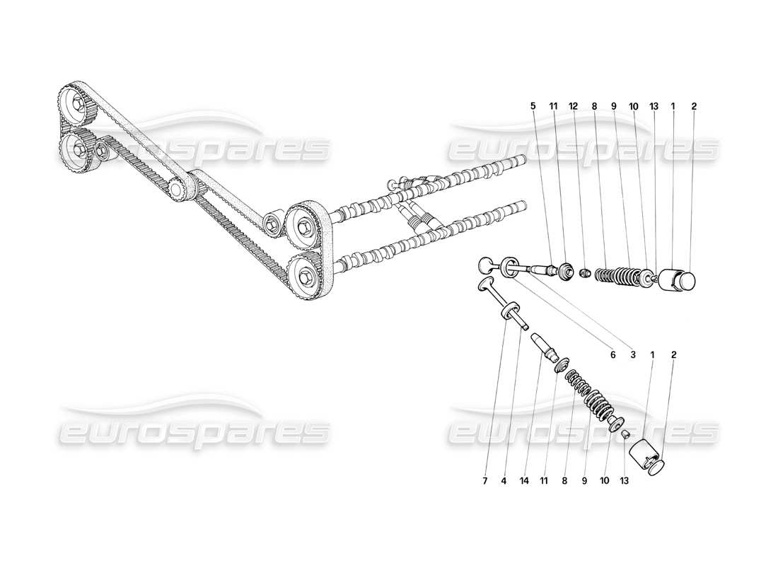ferrari testarossa (1987) sistema di distribuzione - diagramma delle parti delle valvole