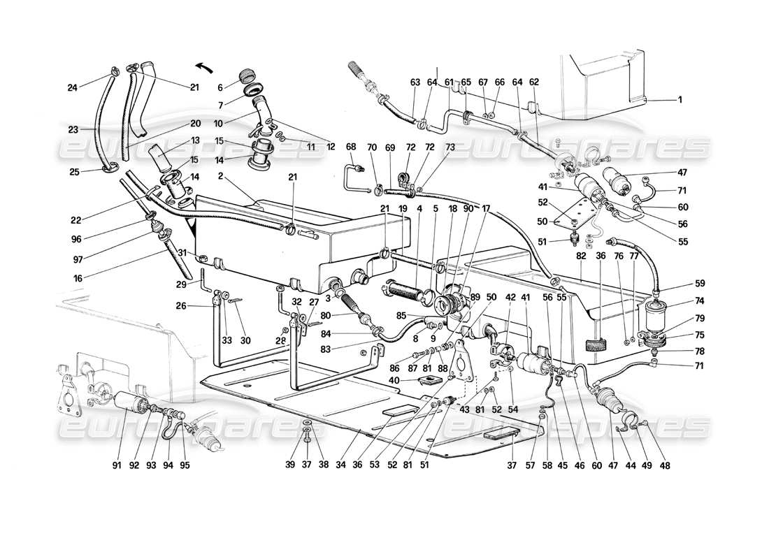 ferrari mondial 3.0 qv (1984) diagramma delle parti della pompa del carburante e dei tubi (quattrovalvole).