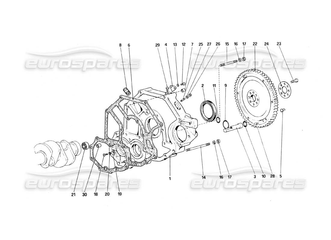 ferrari 328 (1988) schema delle parti del distanziale dell'alloggiamento della frizione e del volano