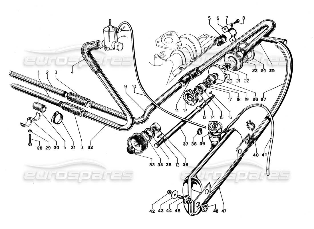 lamborghini urraco p250 / p250s diagramma delle parti della pompa dell'acqua e del sistema