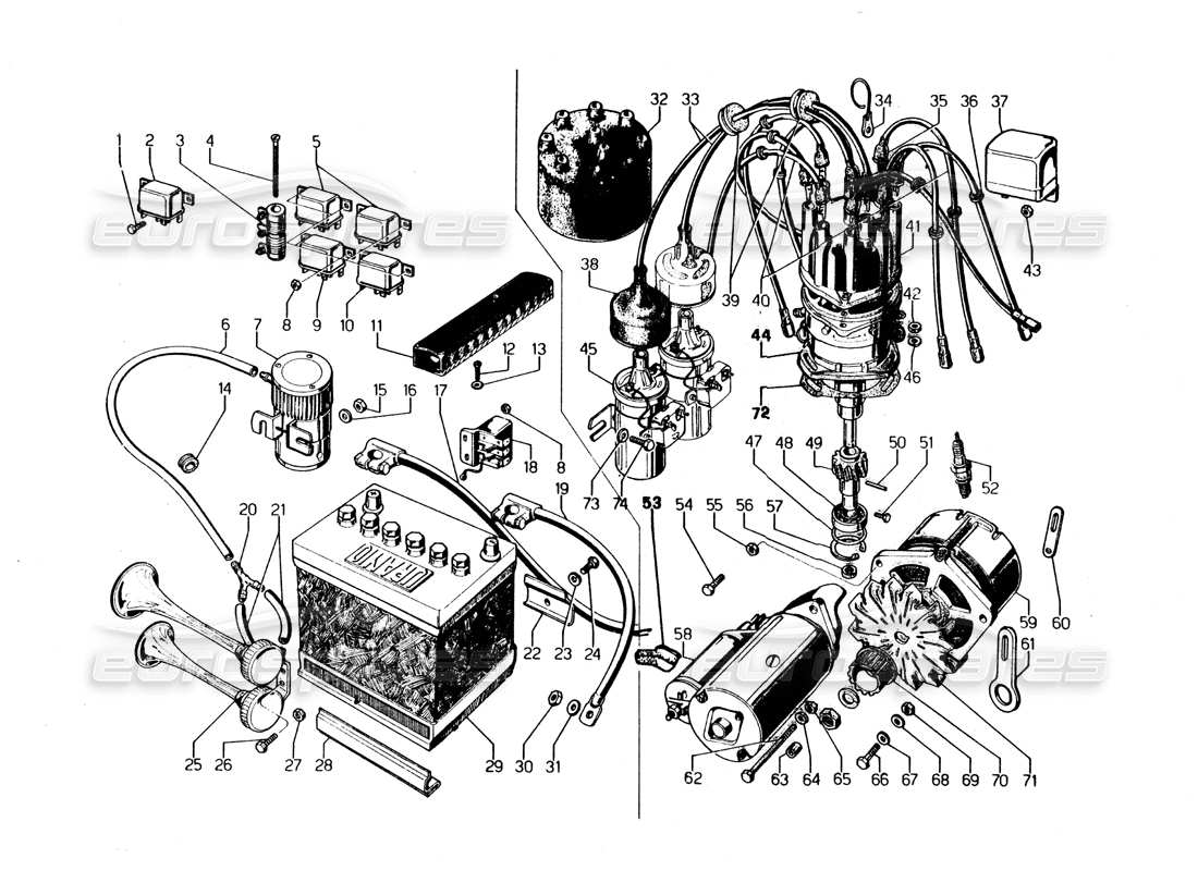 lamborghini urraco p250 / p250s schema delle parti dell'impianto elettrico