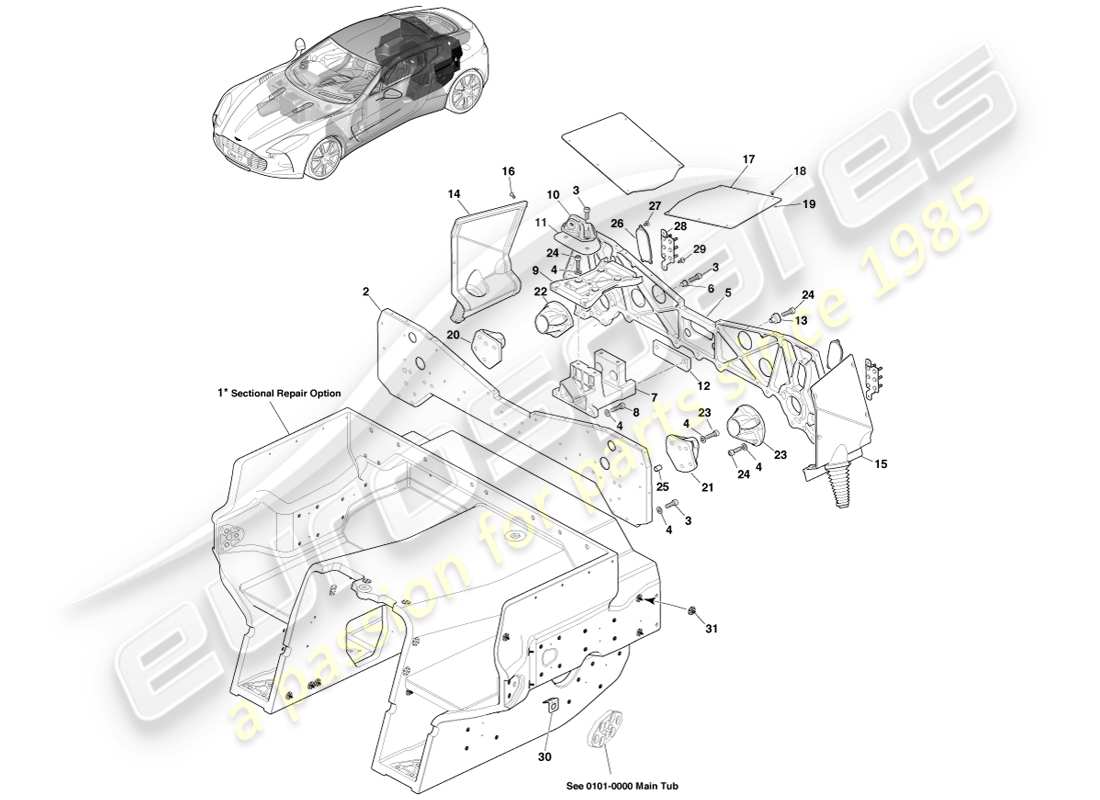 aston martin one-77 (2011) gruppo vasca posteriore diagramma delle parti