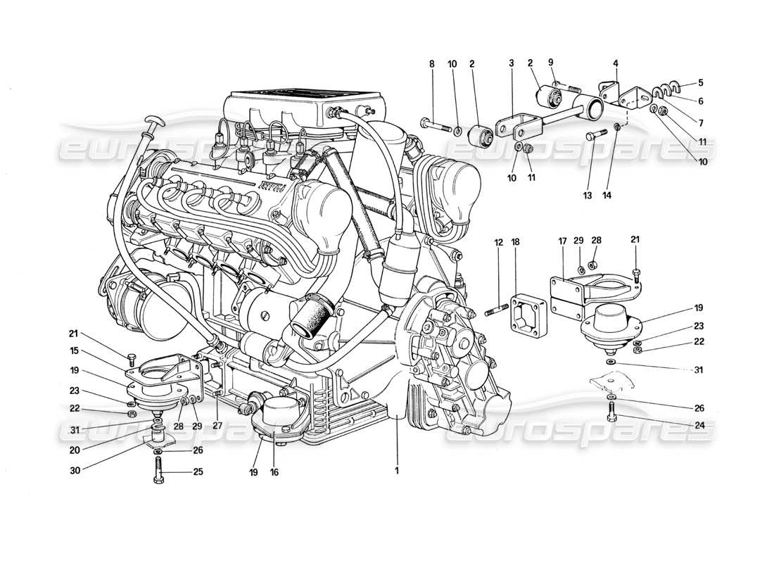 ferrari 328 (1988) motore: diagramma delle parti del cambio e dei supporti