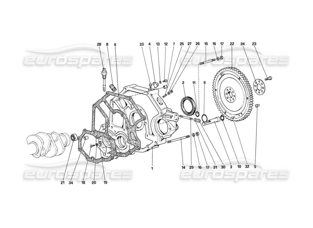 ferrari mondial 3.2 qv (1987) schema delle parti del distanziale dell'alloggiamento della frizione e del volano