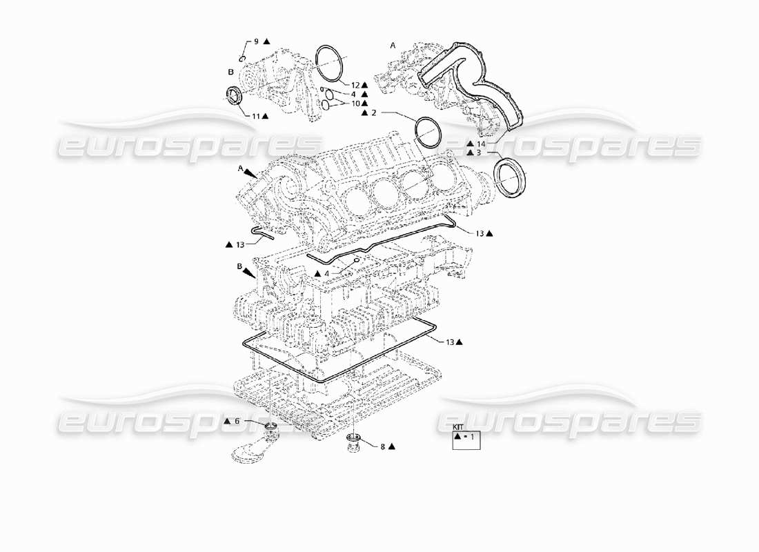 maserati qtp v8 (1998) diagramma delle parti di guarnizioni e paraolio per la revisione del blocco