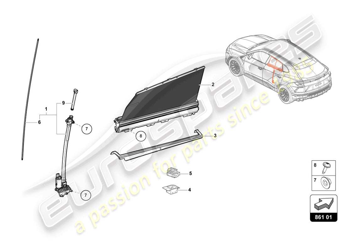 lamborghini urus performante (2023) tenda parasole a rullo diagramma delle parti
