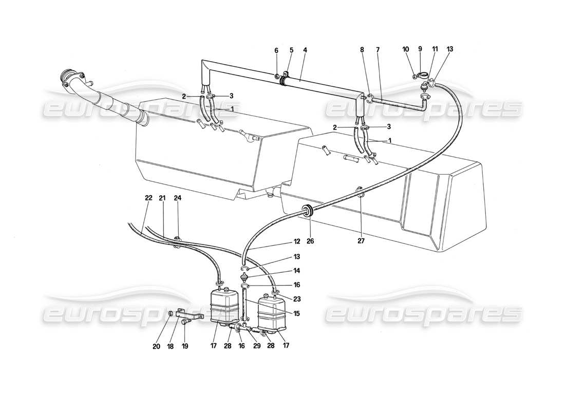 ferrari testarossa (1987) diagramma delle parti del sistema di controllo delle emissioni antievaporative (per stati uniti e sa).