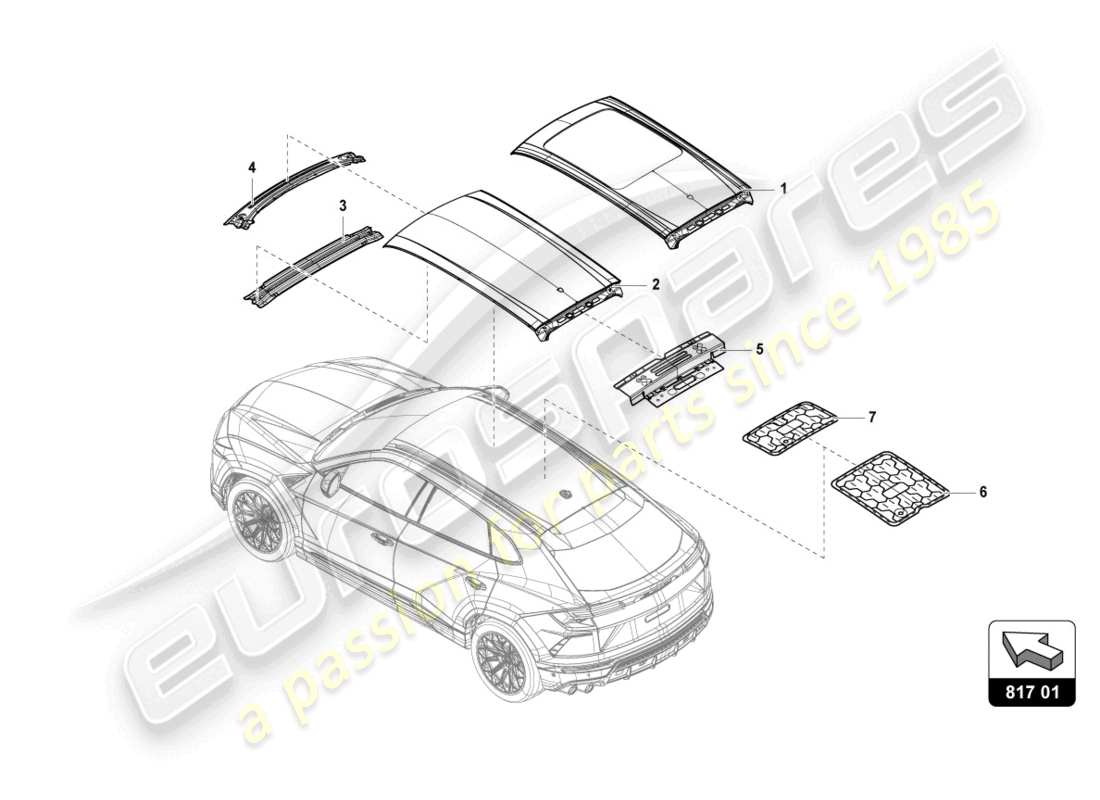 lamborghini urus performante (2023) telaio del tetto diagramma delle parti