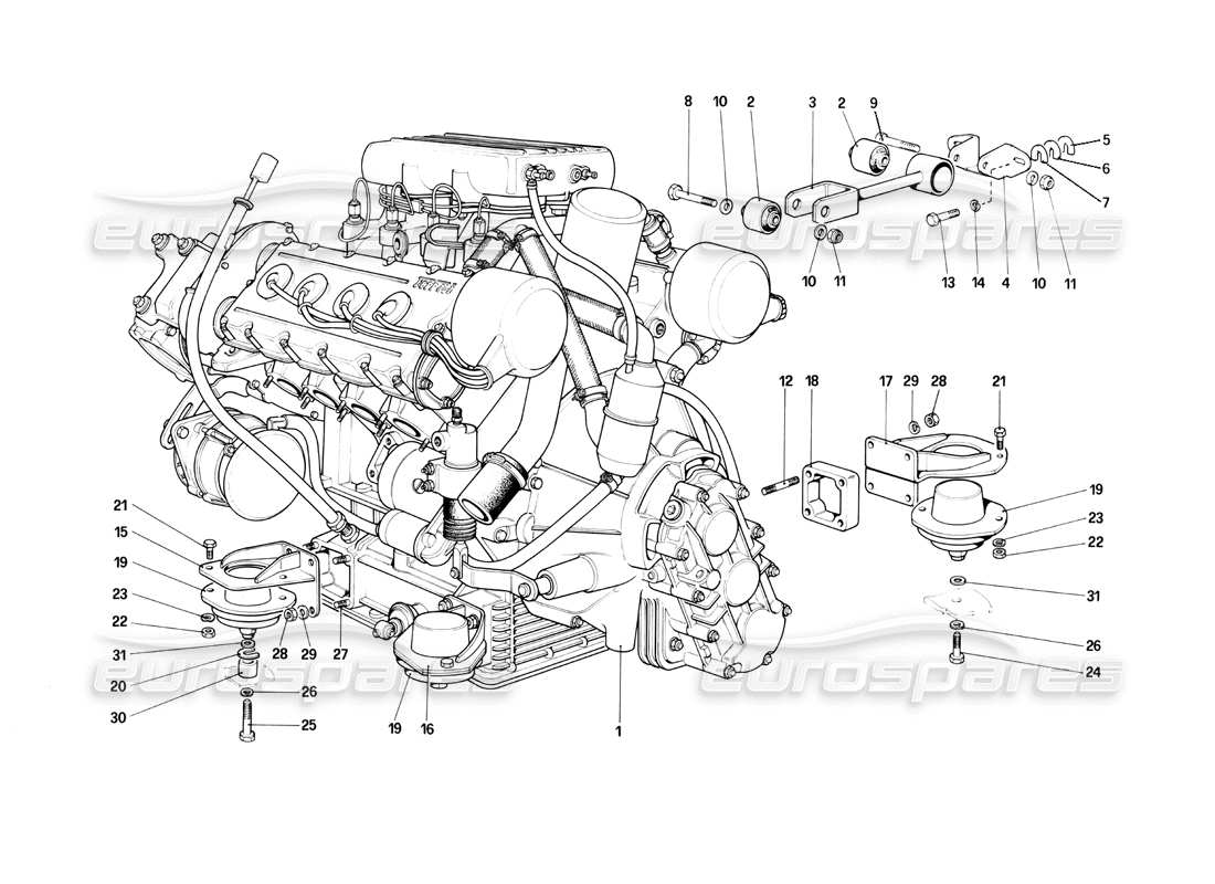 ferrari mondial 3.0 qv (1984) motore: diagramma delle parti del cambio e dei supporti