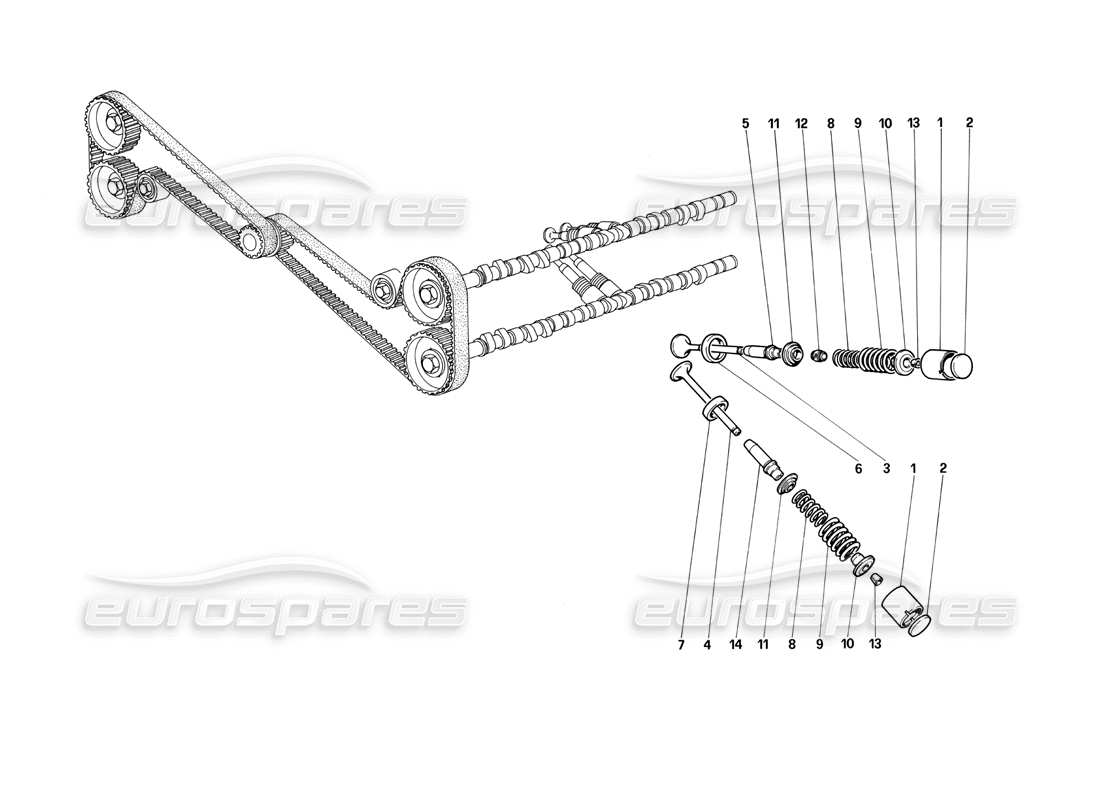 ferrari testarossa (1990) sistema di distribuzione - diagramma delle parti delle valvole