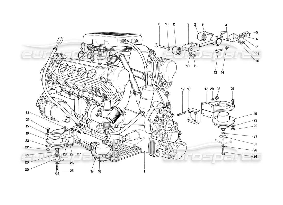 ferrari mondial 3.2 qv (1987) motore: diagramma delle parti del cambio e dei supporti