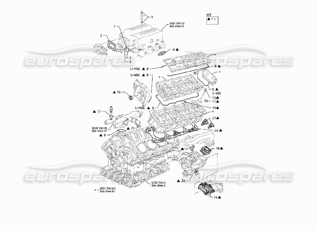maserati qtp v8 (1998) diagramma delle parti di guarnizioni e tenute per la revisione delle teste