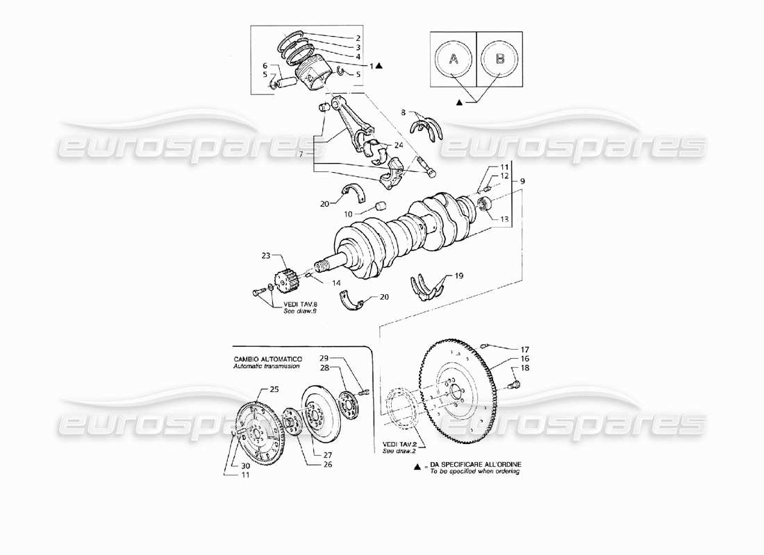 maserati qtp v8 (1998) schema delle parti di albero motore, pistoni, bielle e volano