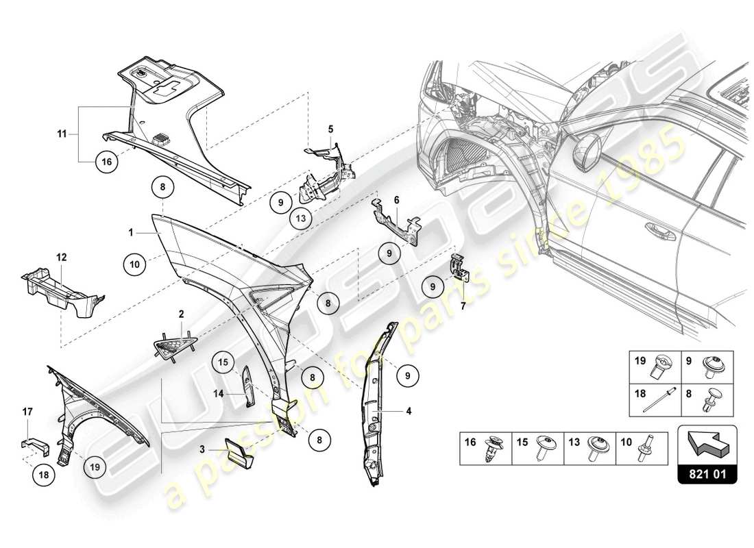 lamborghini urus performante (2023) protezione ala anteriore diagramma delle parti