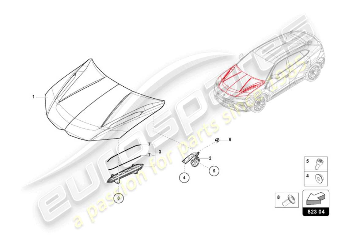 lamborghini urus performante (2024) cofano diagramma delle parti