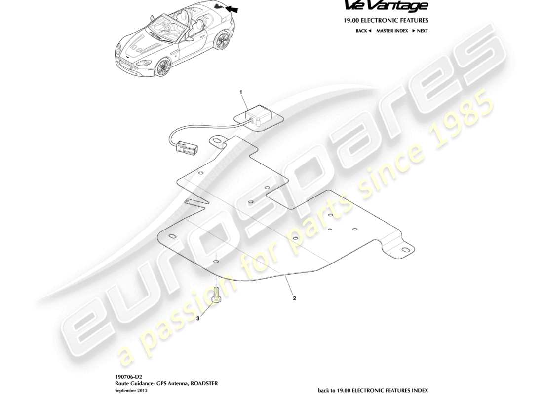 aston martin v12 vantage (2010) antenna gps, diagramma delle parti della roadster