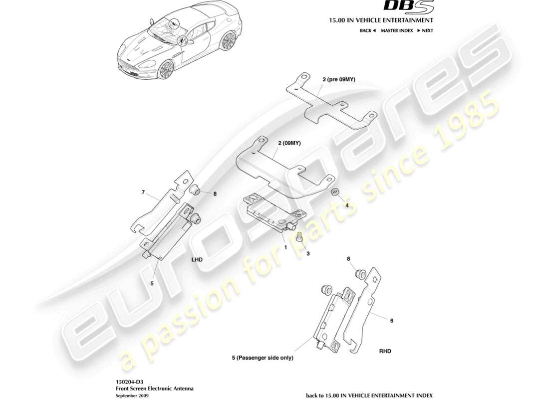 aston martin dbs (2008) antenna elettronica, parabrezza diagramma delle parti