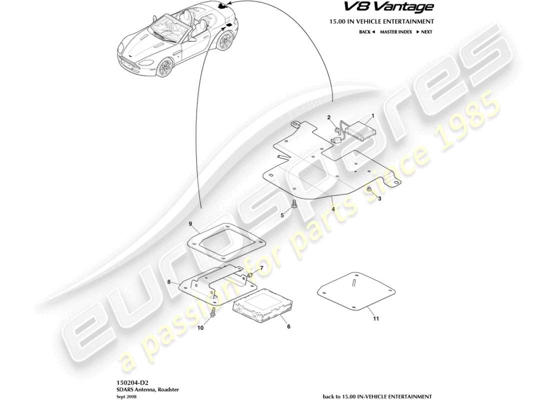 aston martin v8 vantage (2006) antenna sdars, diagramma delle parti della roadster