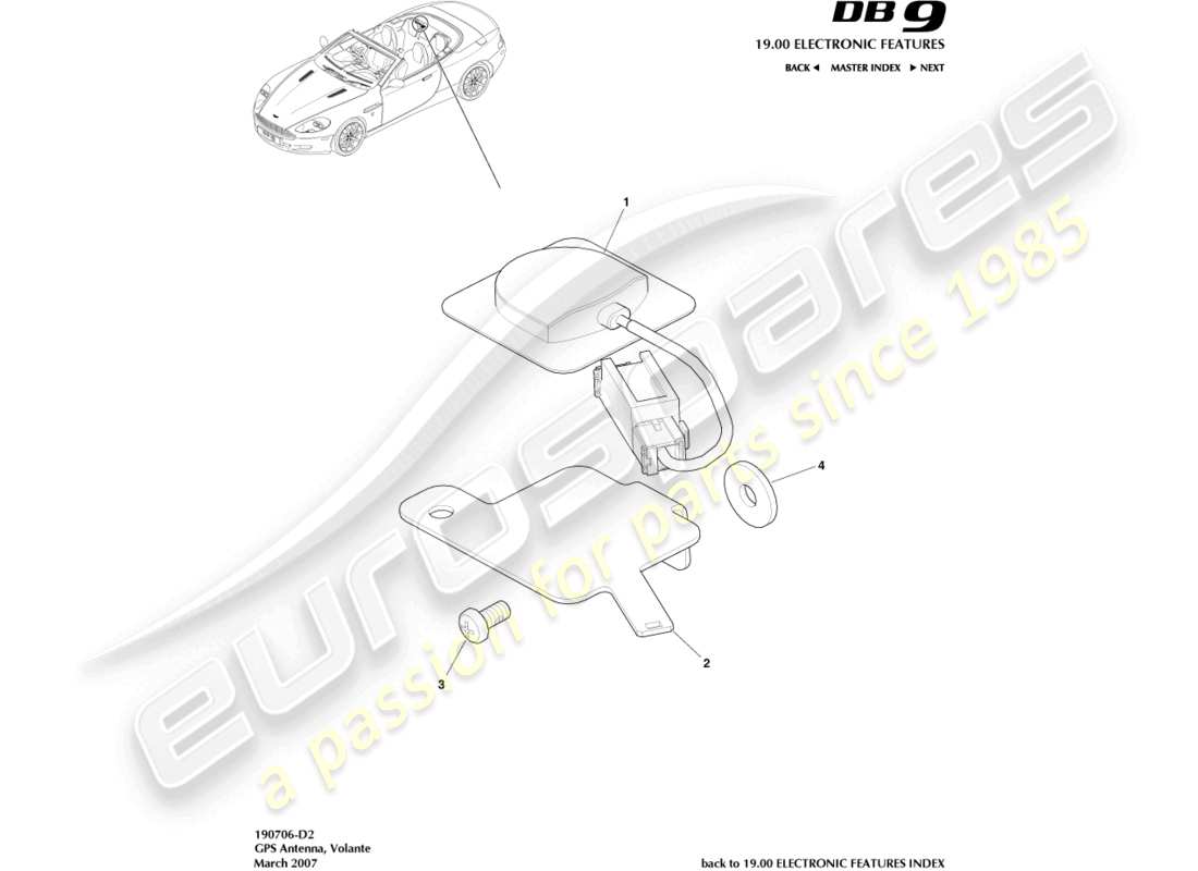 aston martin db9 (2005) antenna gps, diagramma delle parti volante
